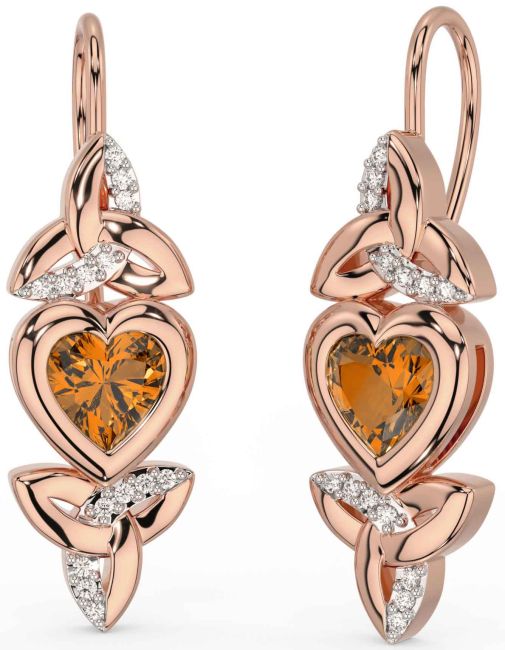 Diamond Citrine Rose Gold Celtic Trinity Knot Heart Dangle Earrings