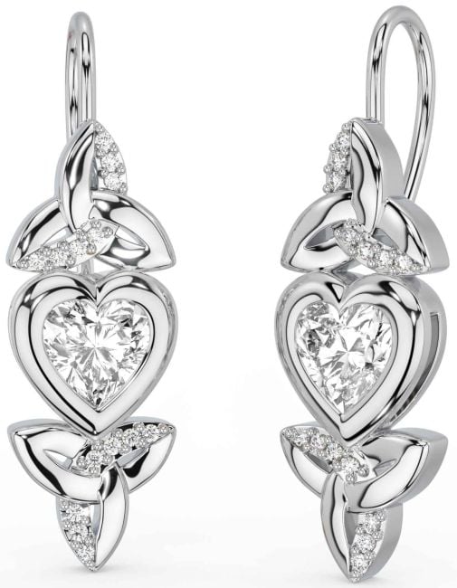 Diamond Silver Celtic Trinity Knot Heart Dangle Earrings