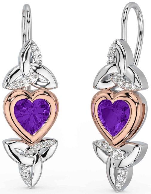 Diamond Amethyst Rose Gold Silver Celtic Trinity Knot Heart Dangle Earrings