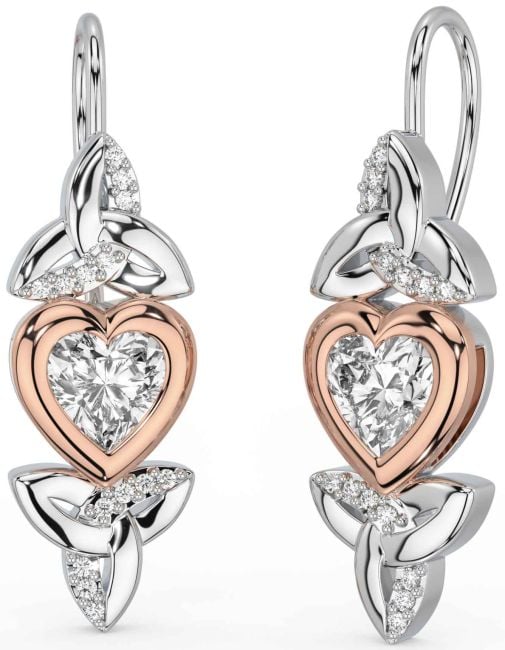 Diamond Rose Gold Silver Celtic Trinity Knot Heart Dangle Earrings