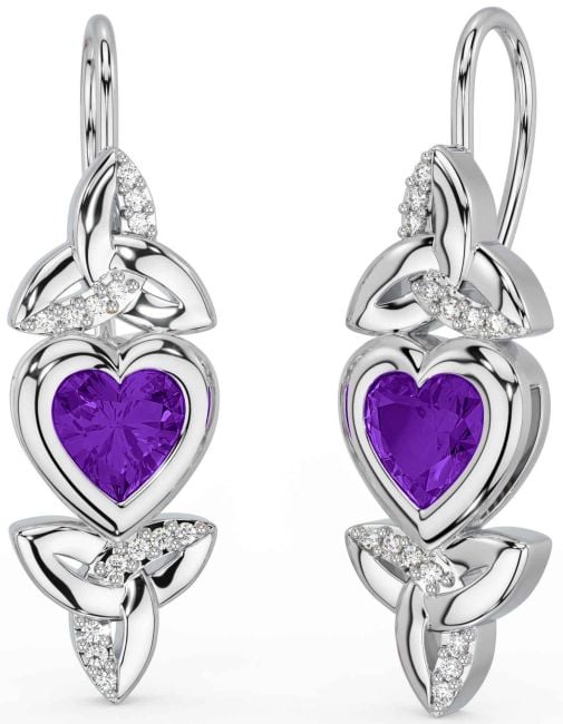 Diamond Amethyst White Gold Celtic Trinity Knot Heart Dangle Earrings