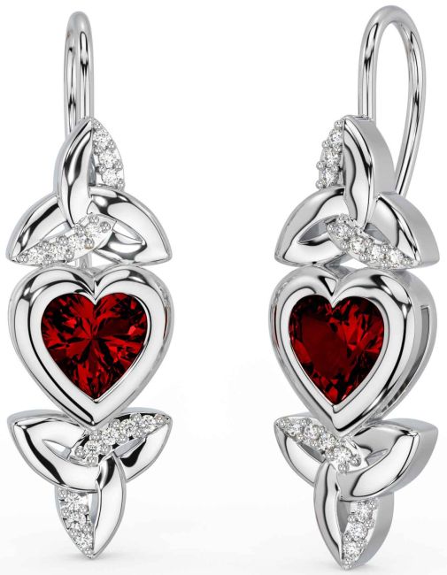 Diamond Garnet White Gold Celtic Trinity Knot Heart Dangle Earrings