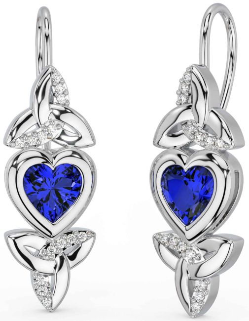 Diamond Sapphire White Gold Celtic Trinity Knot Heart Dangle Earrings