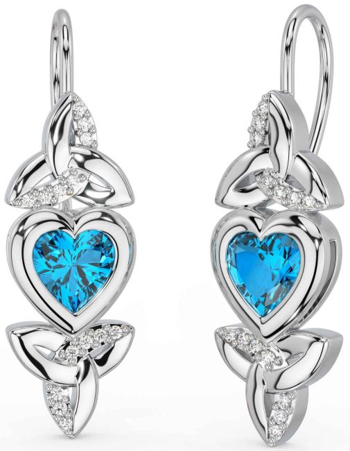 Diamond Topaz White Gold Celtic Trinity Knot Heart Dangle Earrings