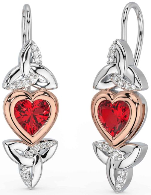 Diamond Ruby White Rose Gold Celtic Trinity Knot Heart Dangle Earrings