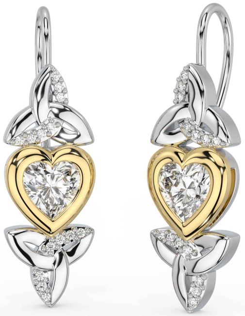 Diamond White Yellow Gold Celtic Trinity Knot Heart Dangle Earrings