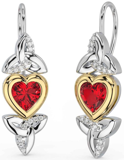 Diamond Ruby White Yellow Gold Celtic Trinity Knot Heart Dangle Earrings