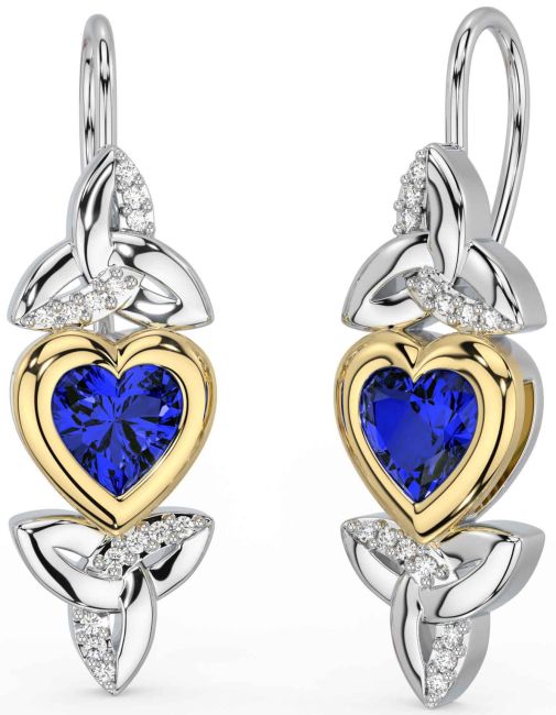 Diamond Sapphire White Yellow Gold Celtic Trinity Knot Heart Dangle Earrings