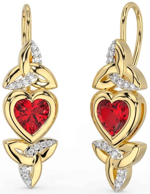 Diamond Ruby Gold Celtic Trinity Knot Heart Dangle Earrings