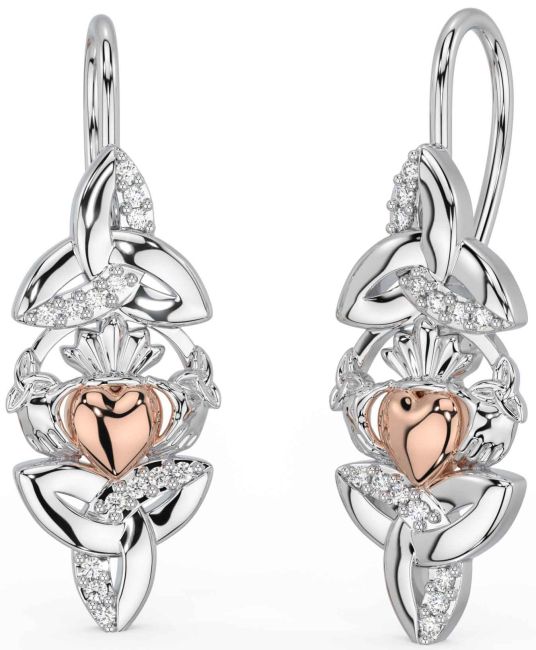 Diamond Rose Gold Silver Claddagh Celtic Trinity Knot Dangle Earrings