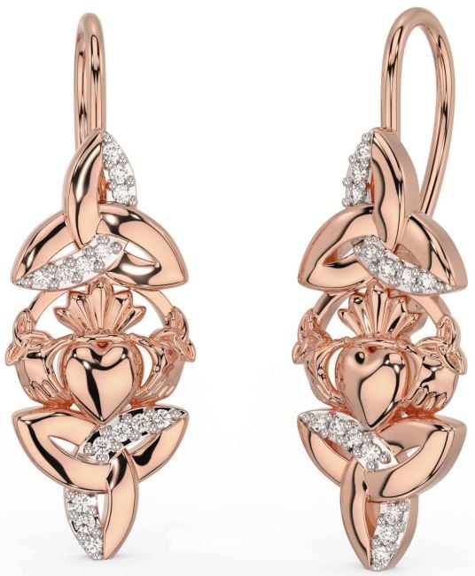 Diamond Rose Gold Silver Claddagh Celtic Trinity Knot Dangle Earrings