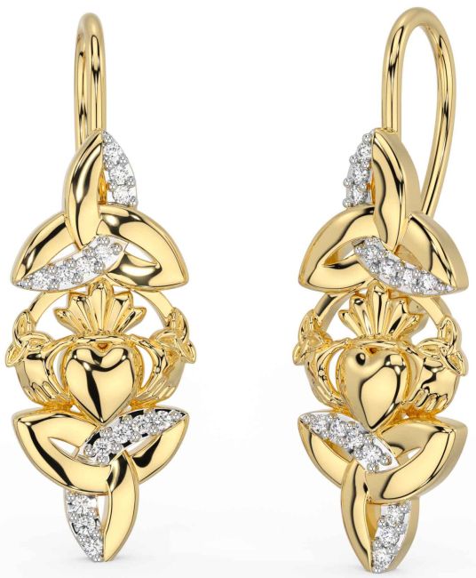 Diamond Gold Silver Claddagh Celtic Trinity Knot Dangle Earrings
