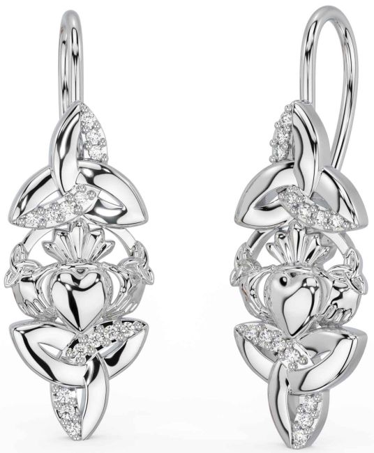 Diamond Silver Claddagh Celtic Trinity Knot Dangle Earrings