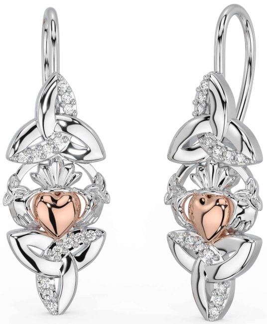 Diamond White Rose Gold Claddagh Celtic Trinity Knot Dangle Earrings