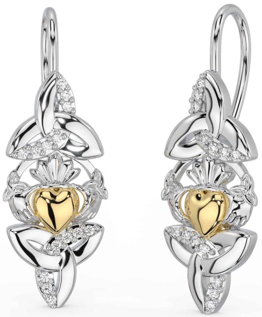 Diamond White Yellow Gold Claddagh Celtic Trinity Knot Dangle Earrings