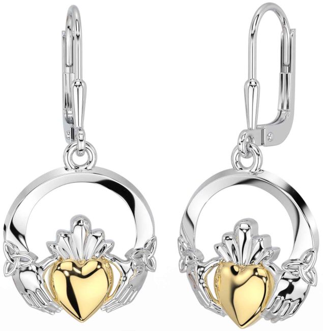 White Yellow Gold Claddagh Celtic Trinity Knot Dangle Earrings