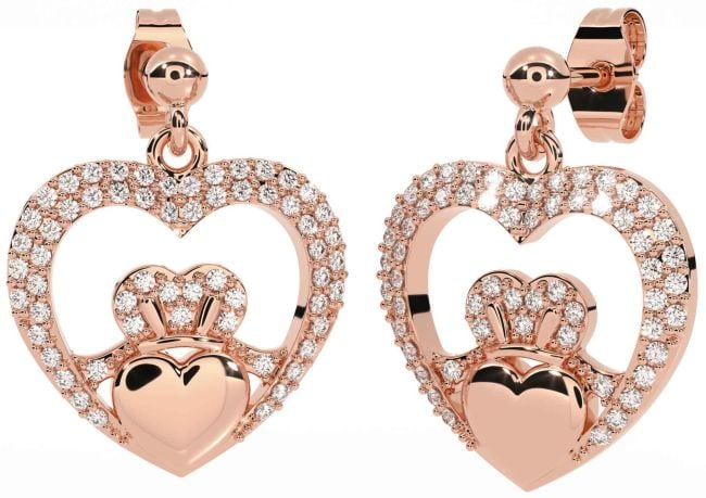 Diamond Rose Gold Silver Claddagh Heart Dangle Earrings