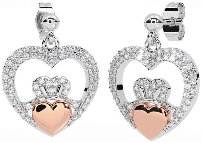 Diamond Rose Gold Silver Claddagh Heart Dangle Earrings