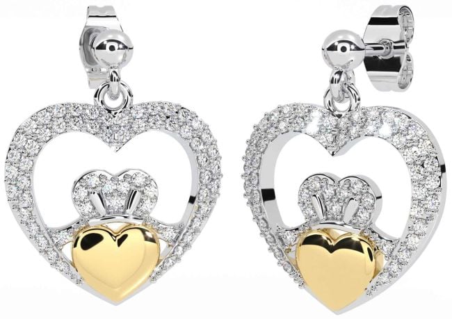 Diamond Gold Silver Claddagh Heart Dangle Earrings