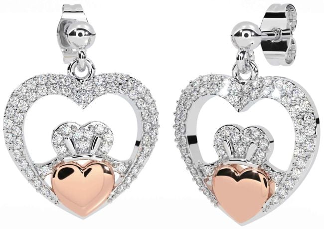 Diamond White Rose Gold Claddagh Heart Dangle Earrings