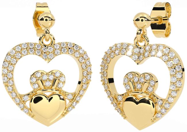 Diamond Gold Claddagh Heart Dangle Earrings