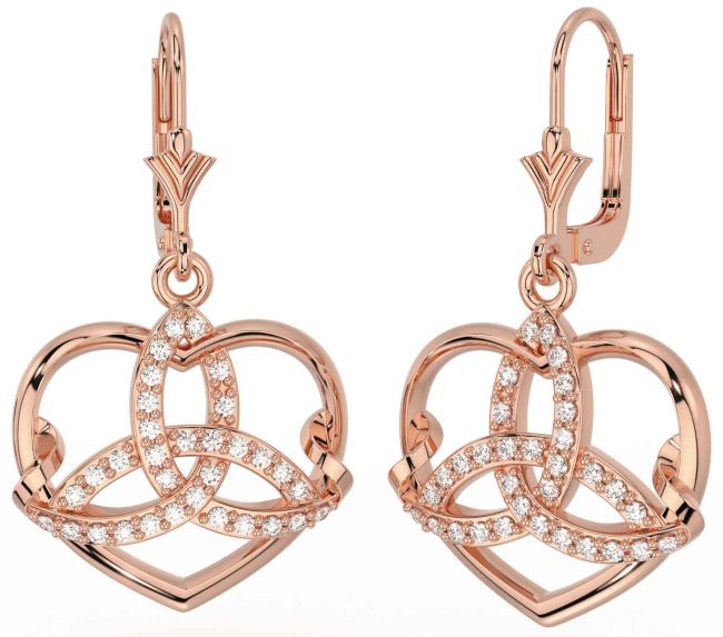 Diamond Rose Gold Celtic Trinity Knot Heart Dangle Earrings