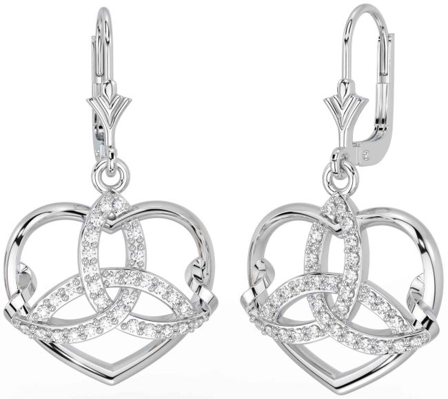 Diamond Silver Celtic Trinity Knot Heart Dangle Earrings