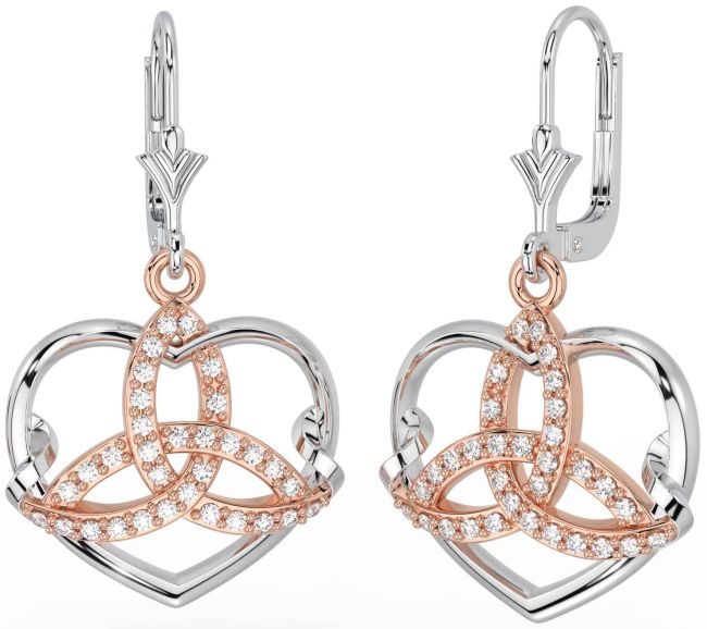 Diamond White Rose Gold Celtic Trinity Knot Heart Dangle Earrings