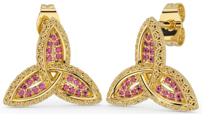 Pink Tourmaline Gold Silver Celtic Trinity Knot Stud Earrings