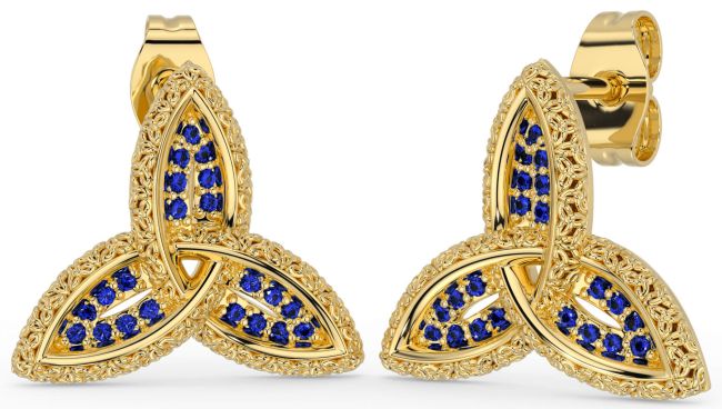 Sapphire Gold Silver Celtic Trinity Knot Stud Earrings