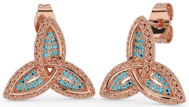 Aquamarine Rose Gold Celtic Trinity Knot Stud Earrings