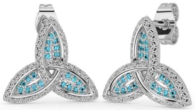 Aquamarine Silver Celtic Trinity Knot Stud Earrings