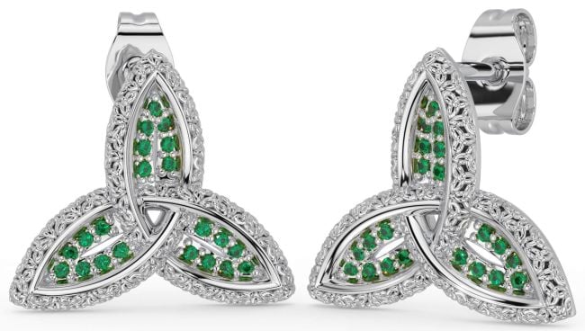 Emerald Silver Celtic Trinity Knot Stud Earrings