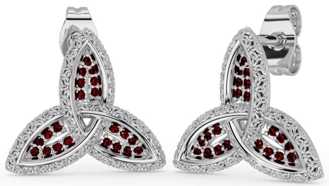 Garnet Silver Celtic Trinity Knot Stud Earrings