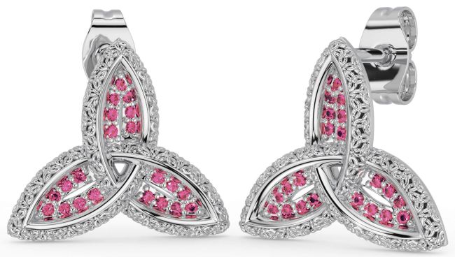 Pink Tourmaline Silver Celtic Trinity Knot Stud Earrings