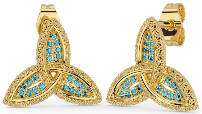 Aquamarine Gold Celtic Trinity Knot Stud Earrings