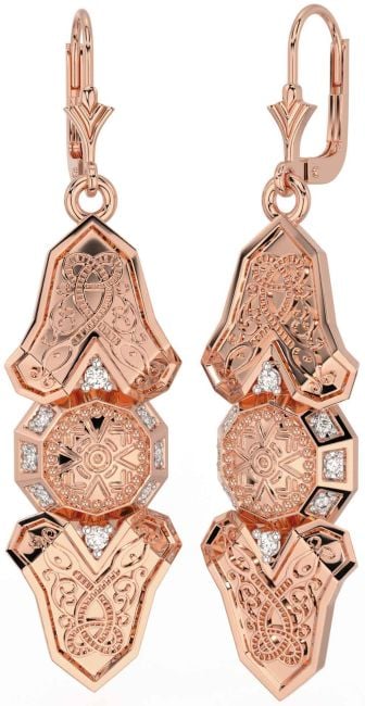 Diamond Rose Gold Silver Celtic Warrior Dangle Earrings