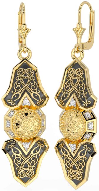 Diamond Gold Black Rhodium Celtic Warrior Dangle Earrings