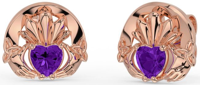 Amethyst Rose Gold Silver Celtic Claddagh Trinity Knot Stud Earrings