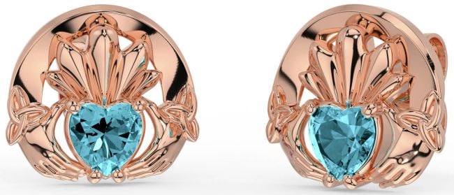 Aquamarine Rose Gold Silver Celtic Claddagh Trinity Knot Stud Earrings