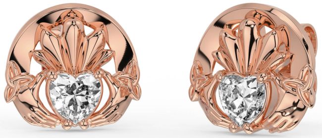 Diamond Rose Gold Silver Celtic Claddagh Trinity Knot Stud Earrings