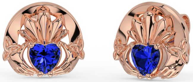 Sapphire Rose Gold Silver Celtic Claddagh Trinity Knot Stud Earrings