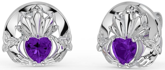 Amethyst Silver Celtic Claddagh Trinity Knot Stud Earrings