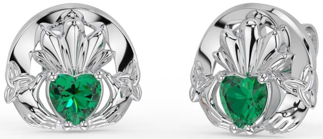 Emerald Silver Celtic Claddagh Trinity Knot Stud Earrings