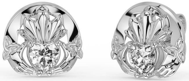 Diamond White Gold Celtic Claddagh Trinity Knot Stud Earrings