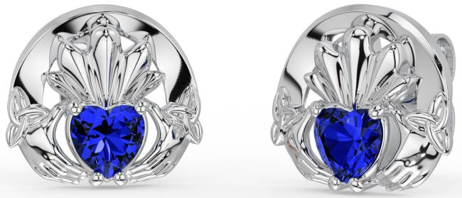 Sapphire White Gold Celtic Claddagh Trinity Knot Stud Earrings