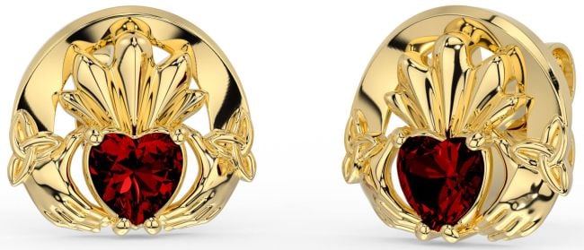 Garnet Gold Celtic Claddagh Trinity Knot Stud Earrings