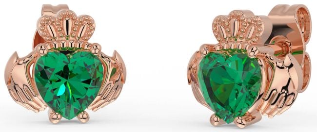 Emerald Rose Gold Silver Claddagh Stud Earrings