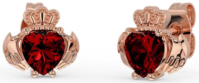 Garnet Rose Gold Silver Claddagh Stud Earrings