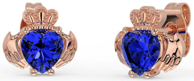 Sapphire Rose Gold Silver Claddagh Stud Earrings